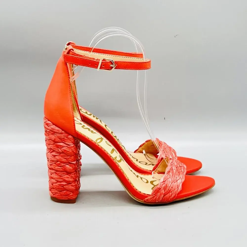 Sam Edelman Sandals Womens 7.5 Orange Leather Braided Block Heel Shoes